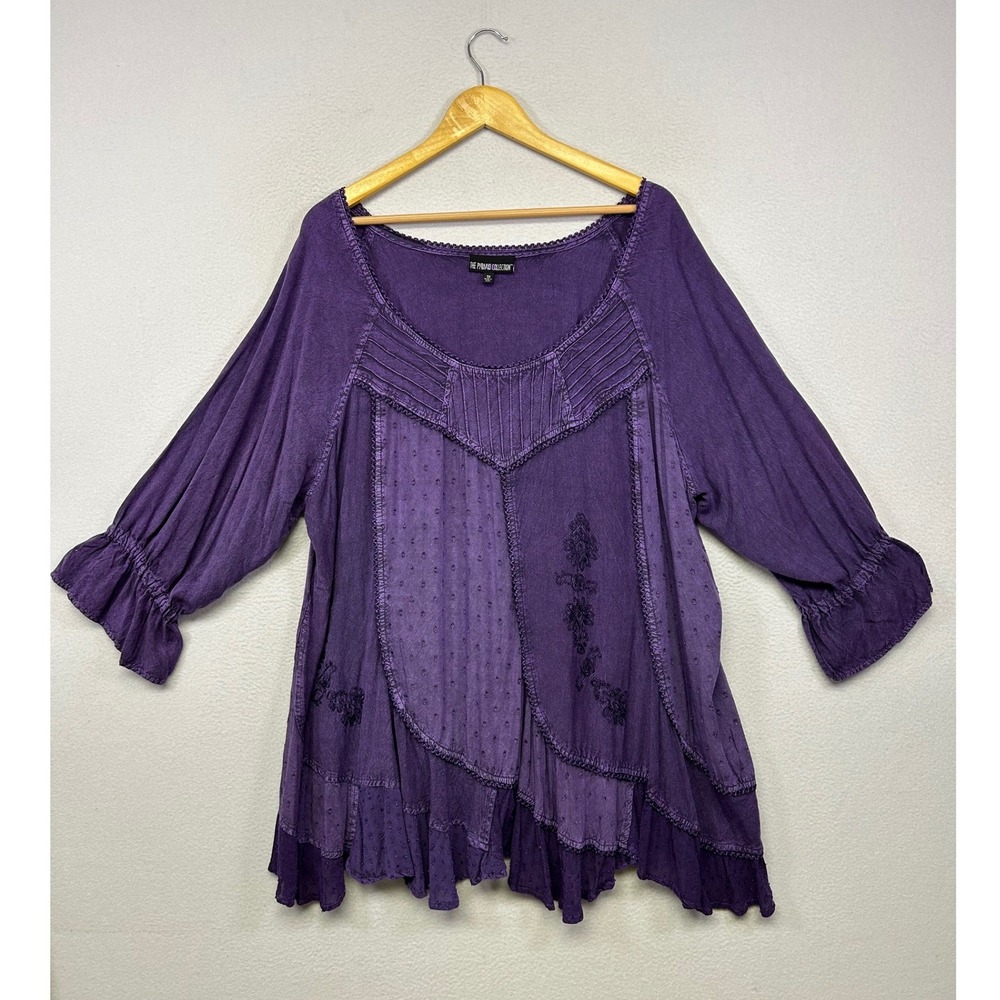 Boho Witchy The Pyramid Collection Womens 3X Purple Patchwork Ruffle Tunic Top